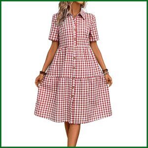 Retro Plaid Shirt Dress Elegant Lapel Button Up Swing A Line Flowy Tunic